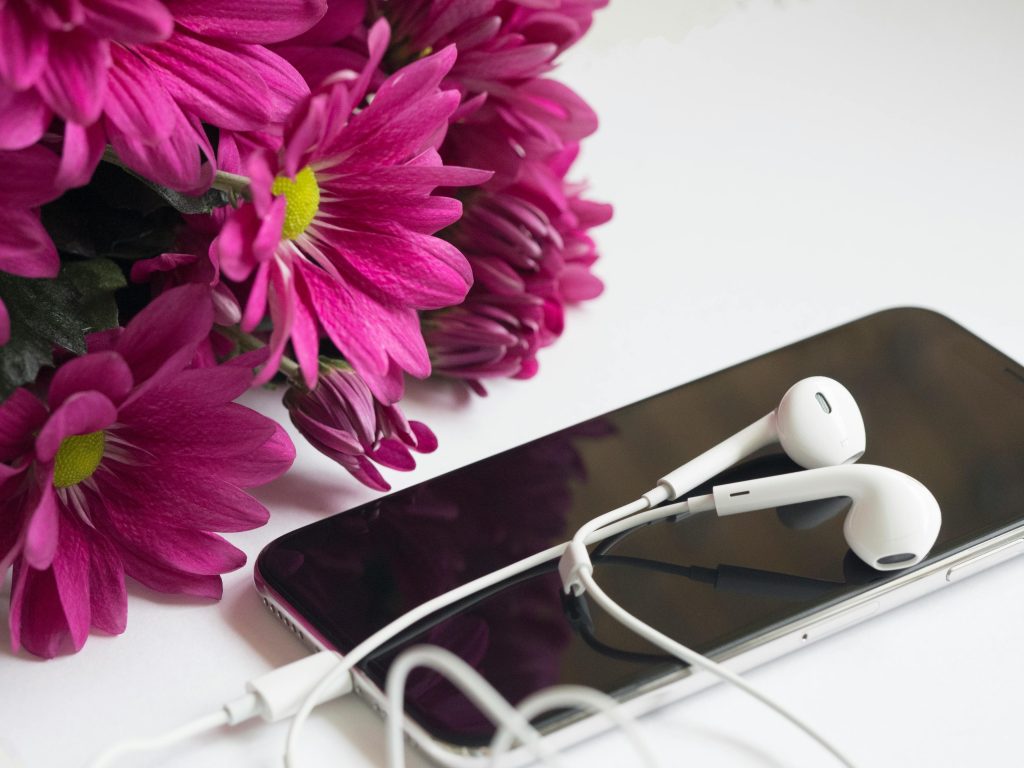 Close-up of pink flowers with a smartphone and earphones for a modern aesthetic.